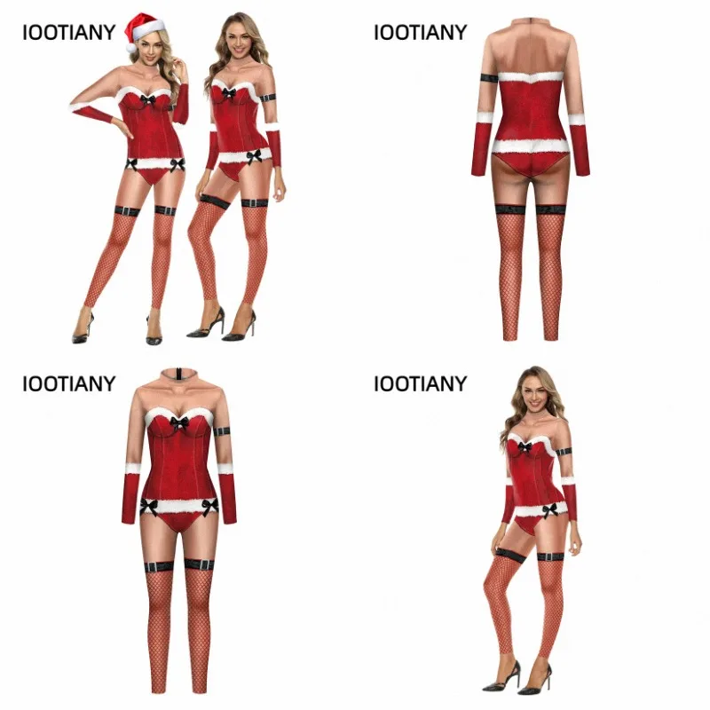 IOOTIANY Weihnachts-Cosplay-Kostüm Zentai Catsuit mit Hirschmuster Bedruckt Sexy Damen-Karnevalsparty Erwachsenen-Spandex-Bodysuit Jumpsuit