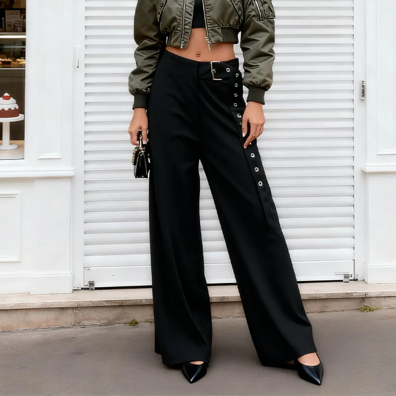 サイドバックル装飾付きレディースカジュアルパンツ エレガントで多用途なワイドレッグパンツ 春と秋の日常着
