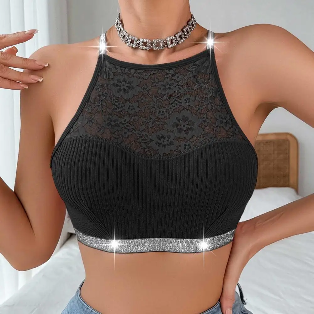 

Women Vest Bra See-through Lace Patchwork Halter Neck Flower Embroidery Backless Casual Sports Style Knitted Elastic Crop Top Br