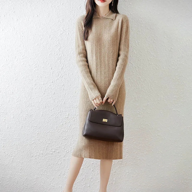 100% Wool Women's Midi Dress, Doll Collar Loose Solid Color Knitted Dress, Autumn Winter Gentle Color Slim Woolen Dress