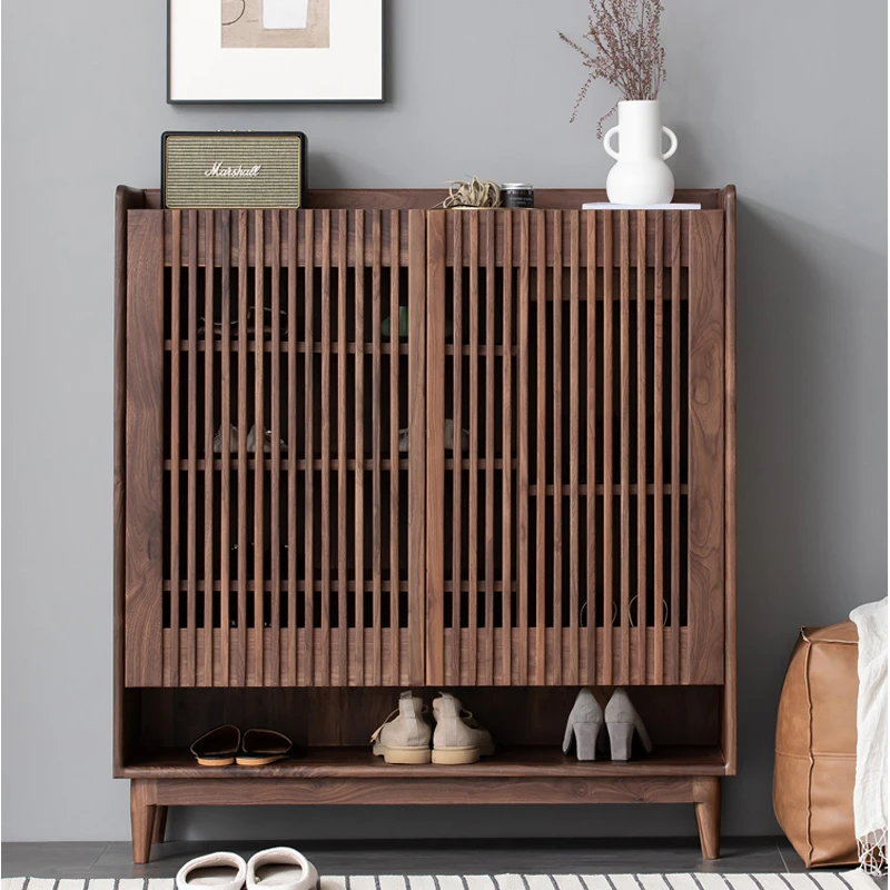 Full Solid Wood Shoe Cabinet, Entry-level Entrance Cabinet, Light Luxury All Black Walnut Wood Storage Cabinet