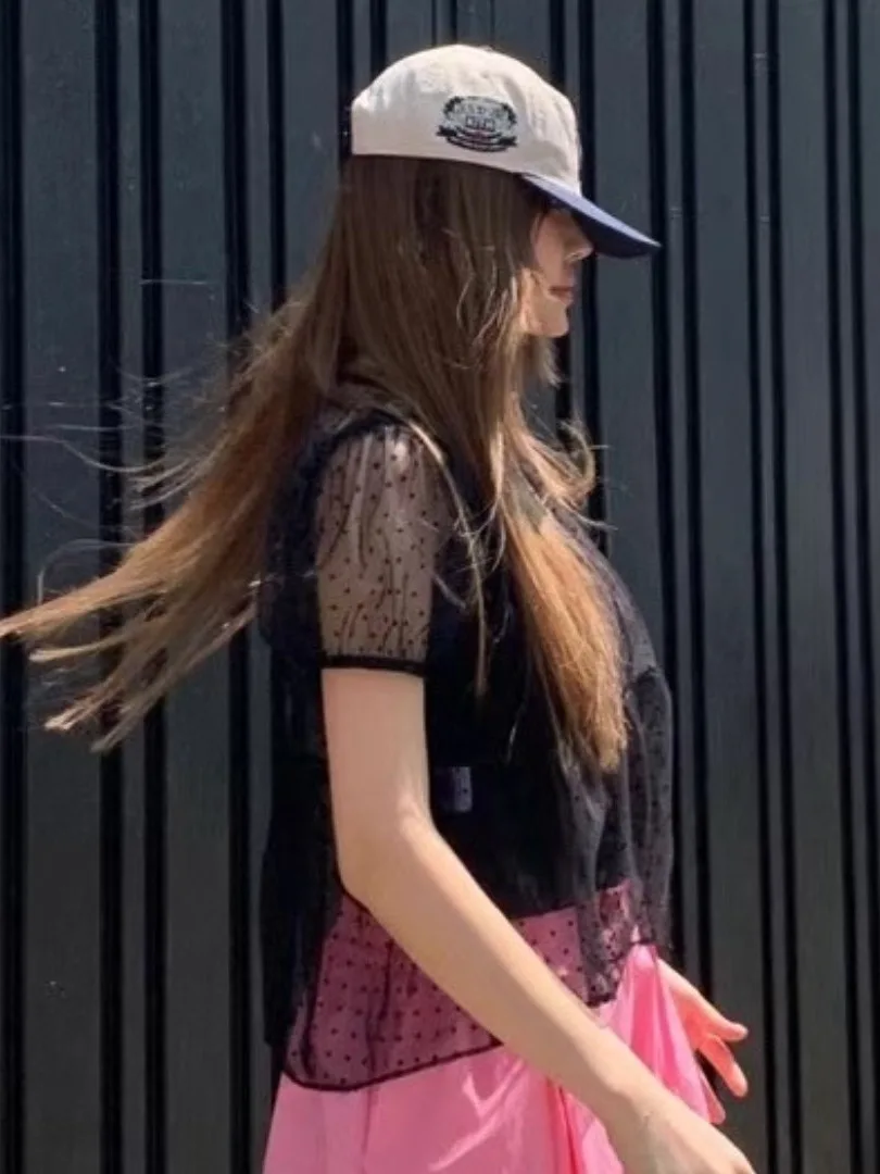 

Summer New Polka Dot See tough Overlap Design Women's irt Loose Lace Top Ele Faionable Ladies' Knitwear
