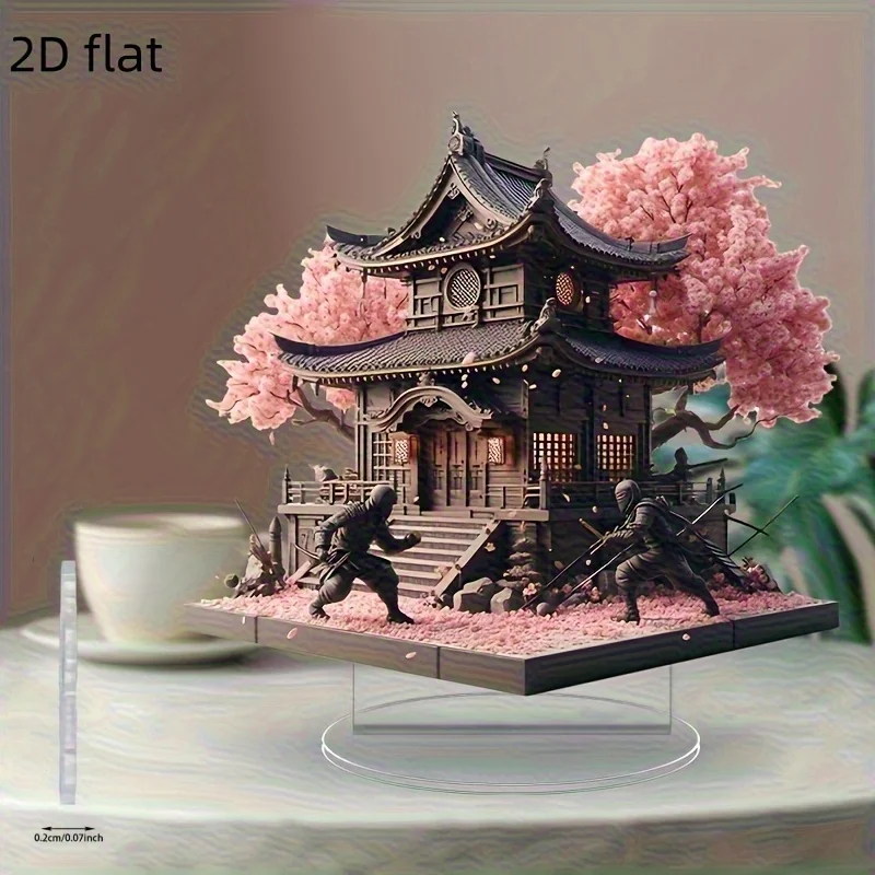 2D Acrylic Tabletop Decoration Japanese-Style Pagoda Cherry Blossom And Samurai Battle Pattern Ideal Japanese Enthusiasts Gift