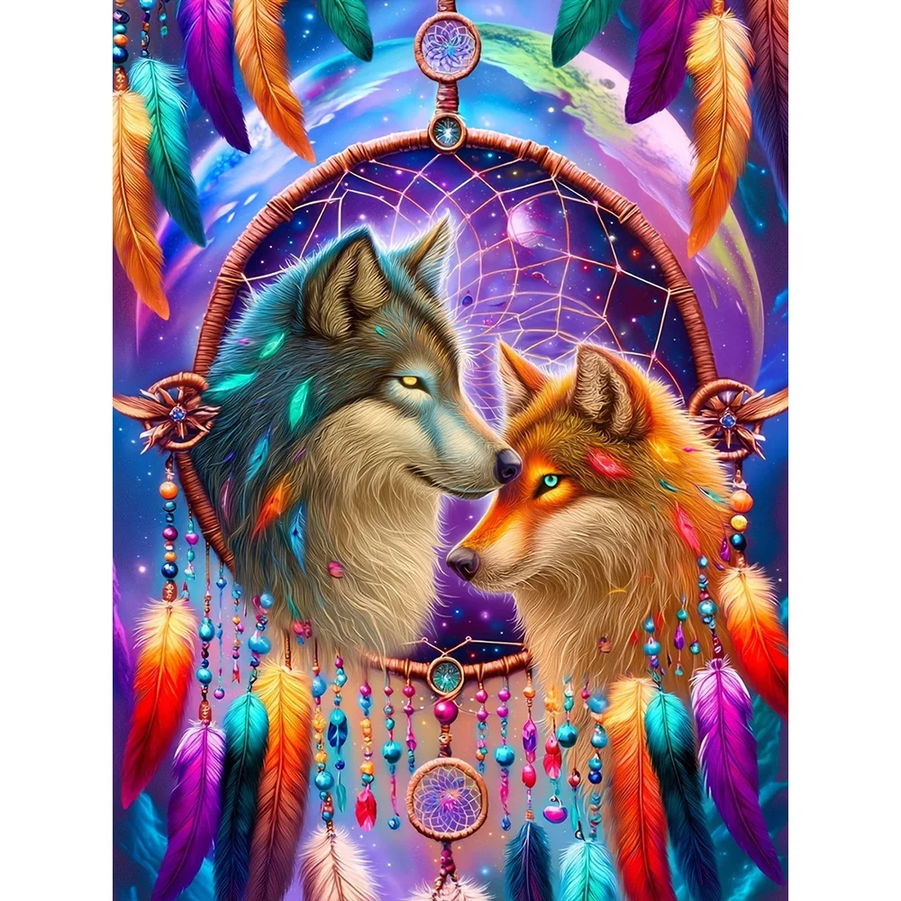 

Алмазная мозаика EverShine DIY 5D: Волк, Ловец снов, Перья. Полная вышивка, декор для стен, гостиной.