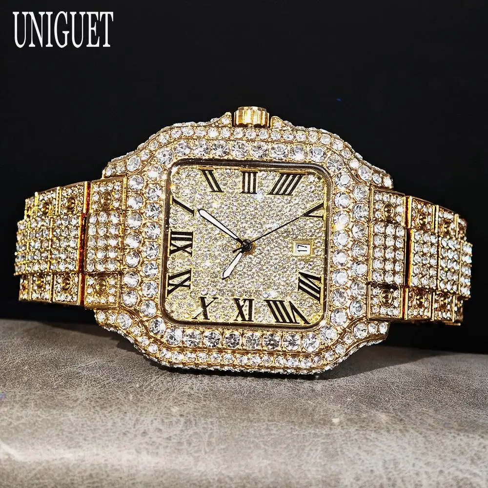 

Hot Sale Iced Watch For Man Fashion Roman Literal Quartz Watch Men's Hip Hop Diamond Jewelry Square Wrist Watch 2025 Hot Sale