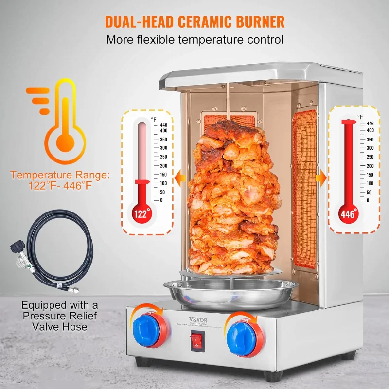 VEVOR Shawarma Grill Machine, 13 lbs Capacity, Chicken Shawarma Cooker Machine with 2 Burners, Gas Vertical Broiler Gyro
