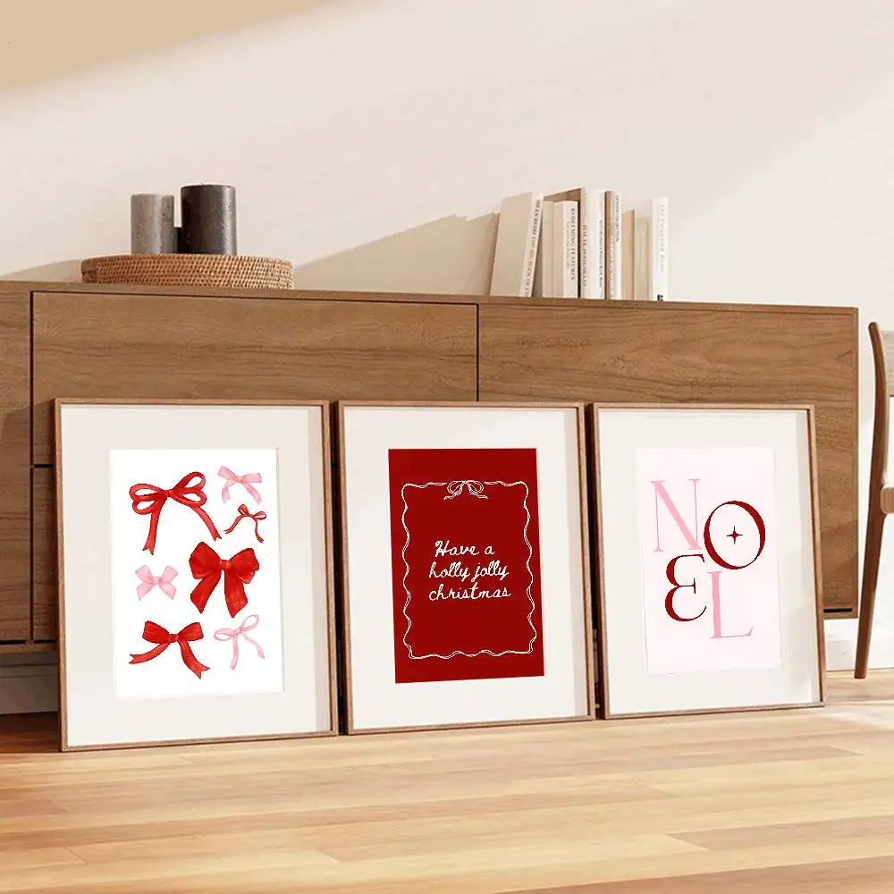 Red Pink Bow Christmas Wall Art Prints Watercolor Ribbon Bow Noel Typography Xmas Quote Posters for Living Room Holiday Decor