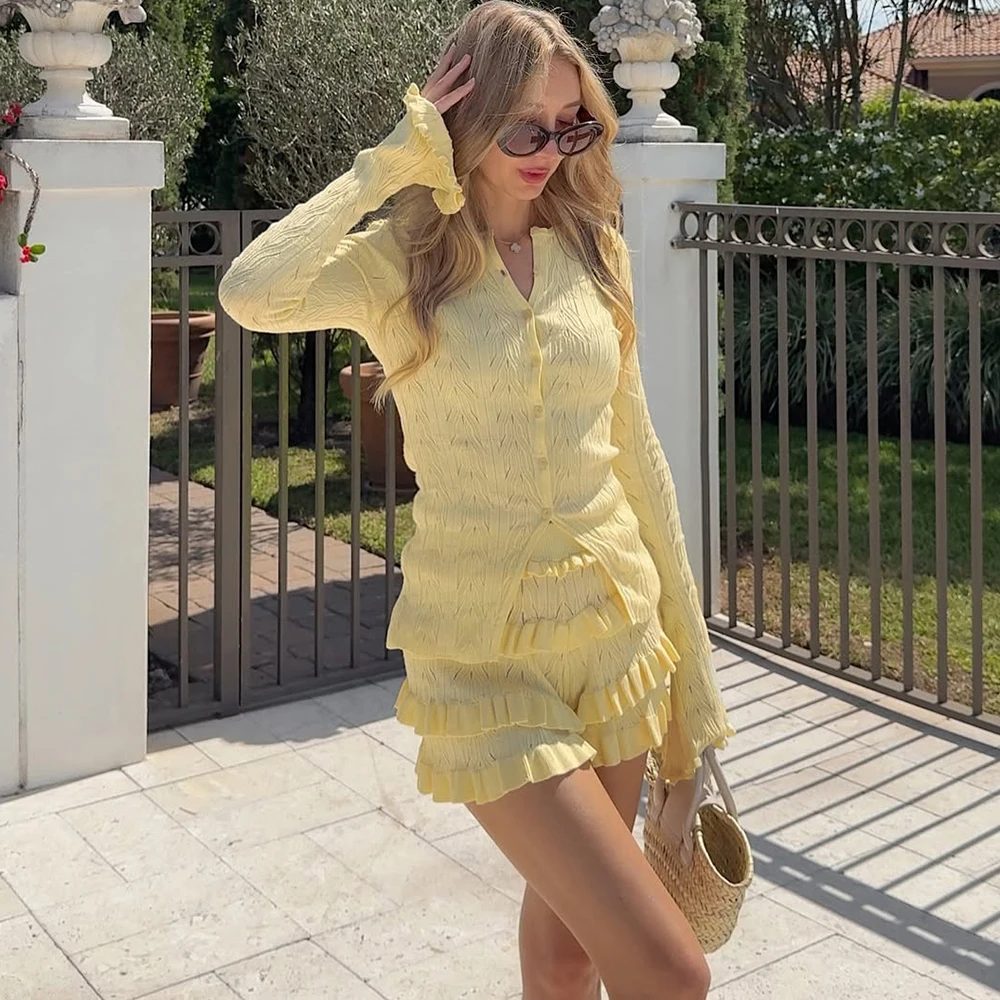 Tuularose ニットカーディガンツーピースセクシーエレガントカジュアルハイストリートフリルショーツセット無地通気性長袖トップセット