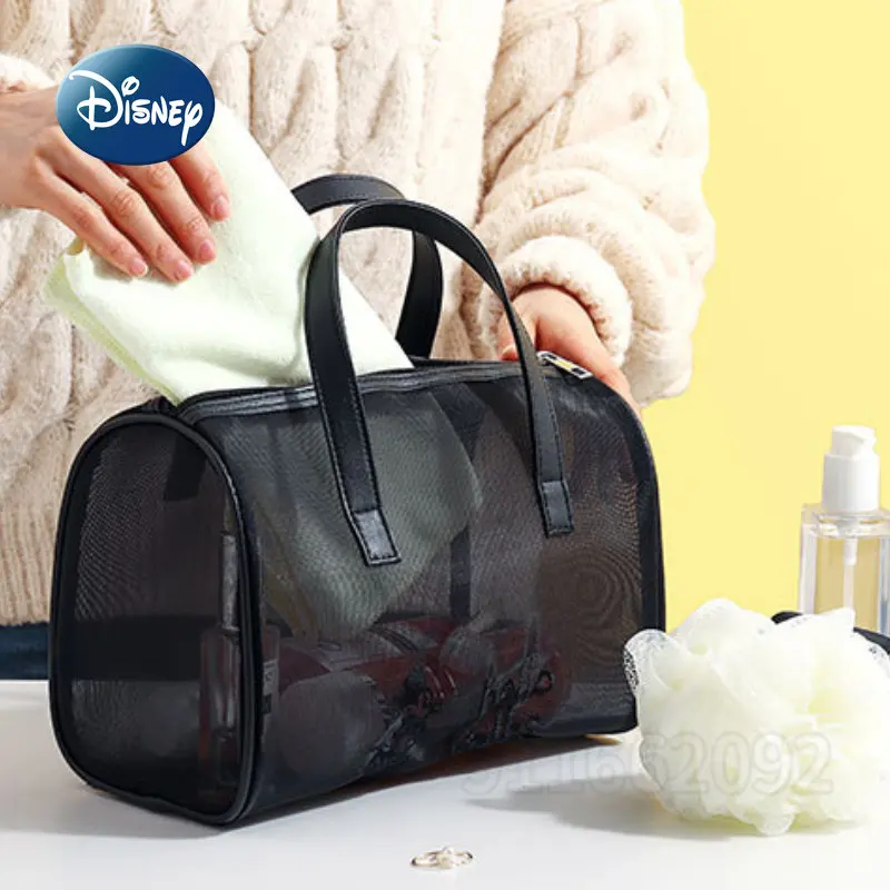 Disney Mickey Original New Makeup Bag Cartoon Mesh Translucent Handheld Makeup Bag Large Capacity Travel Cosmetics Storage Bag