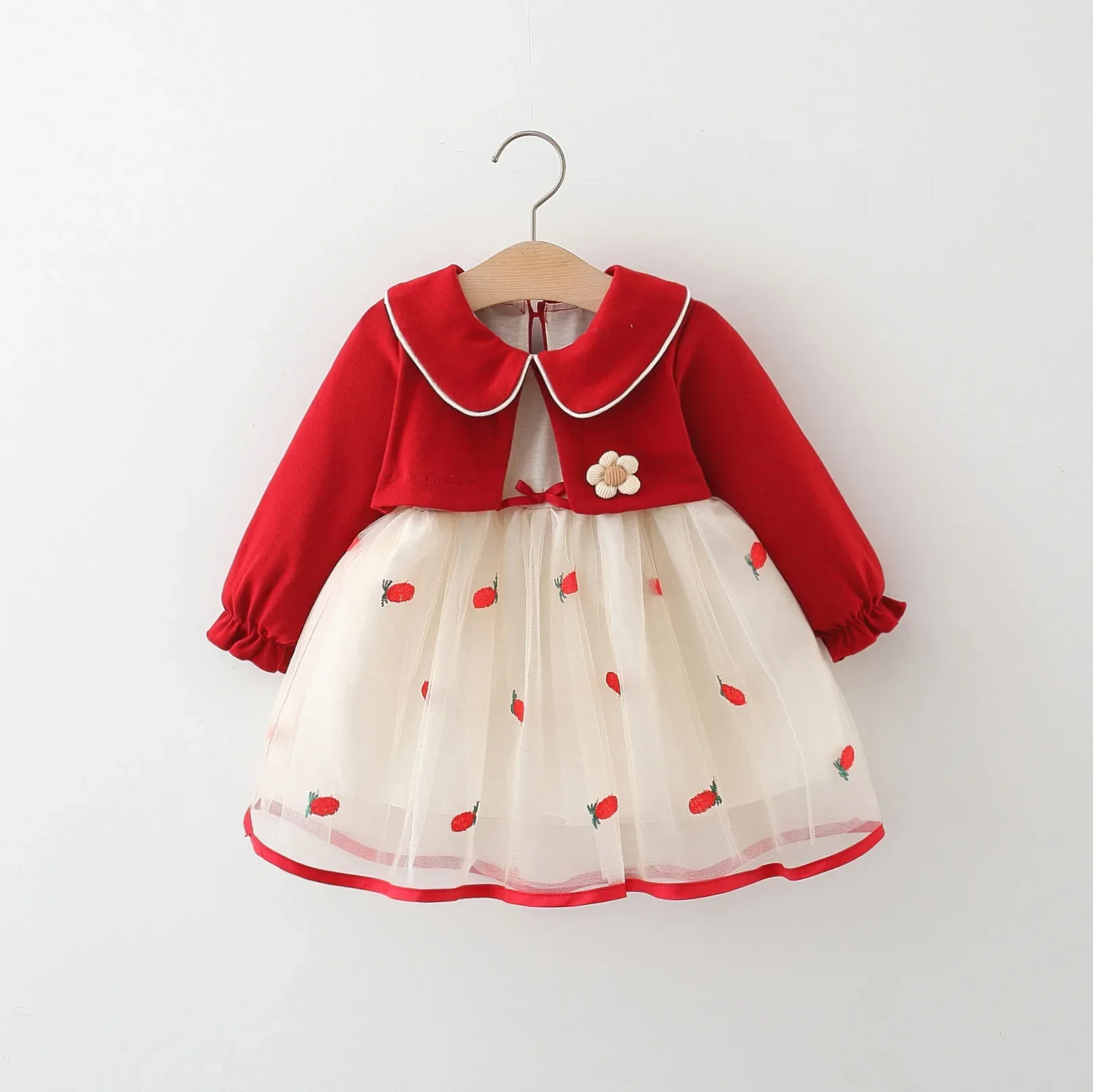 New Winter Girls Dress Pleated A-line Dress Mesh Strawberry Print Long Sleeve Shawl Doll Collar (Girls 0-3 Years Old)