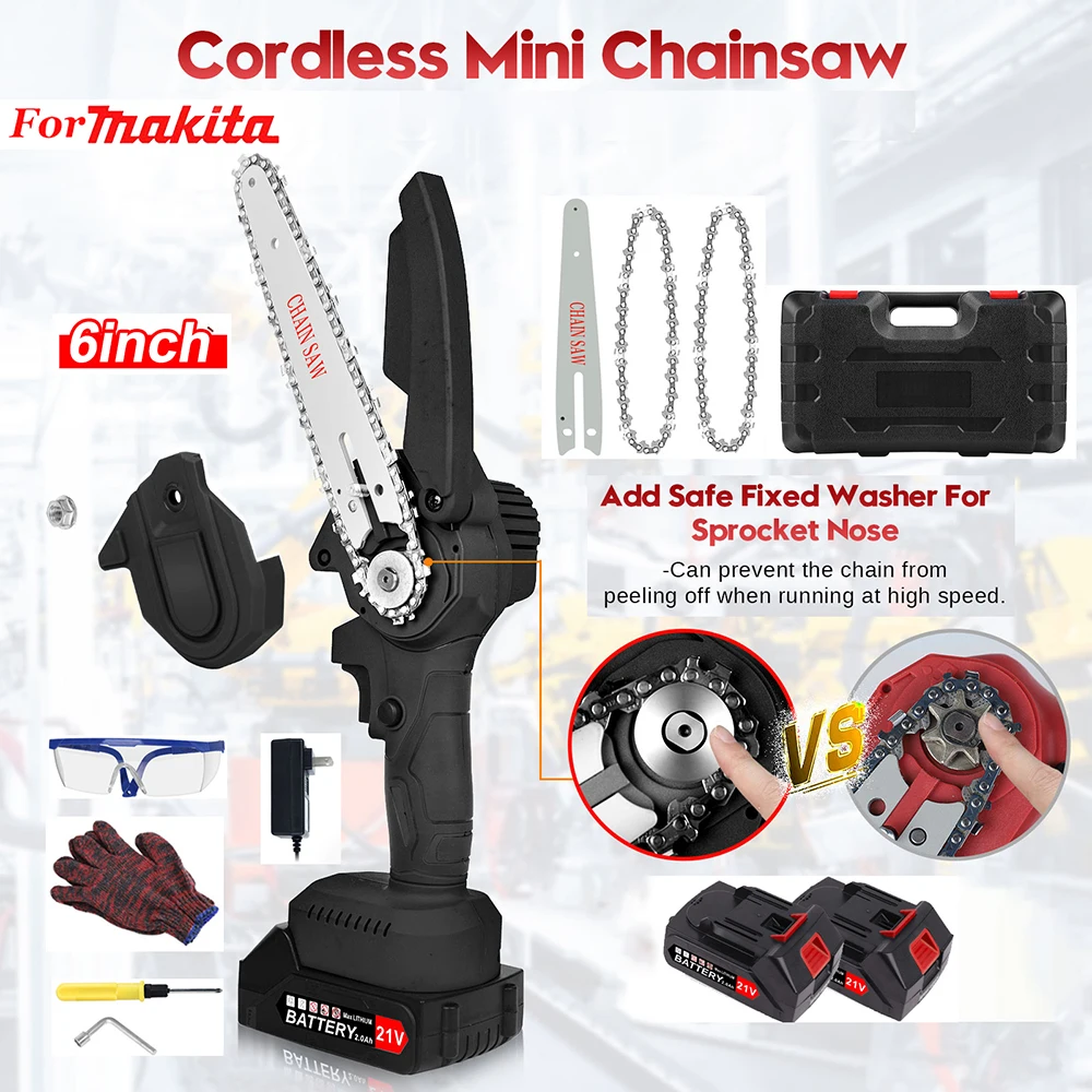 Powsawer 21V Electric Mini 6 Inch Chainsaw Portable Chain Saw Cordless Wood Cutter For Makita Woodworker Sawing Power Tool 1 Set