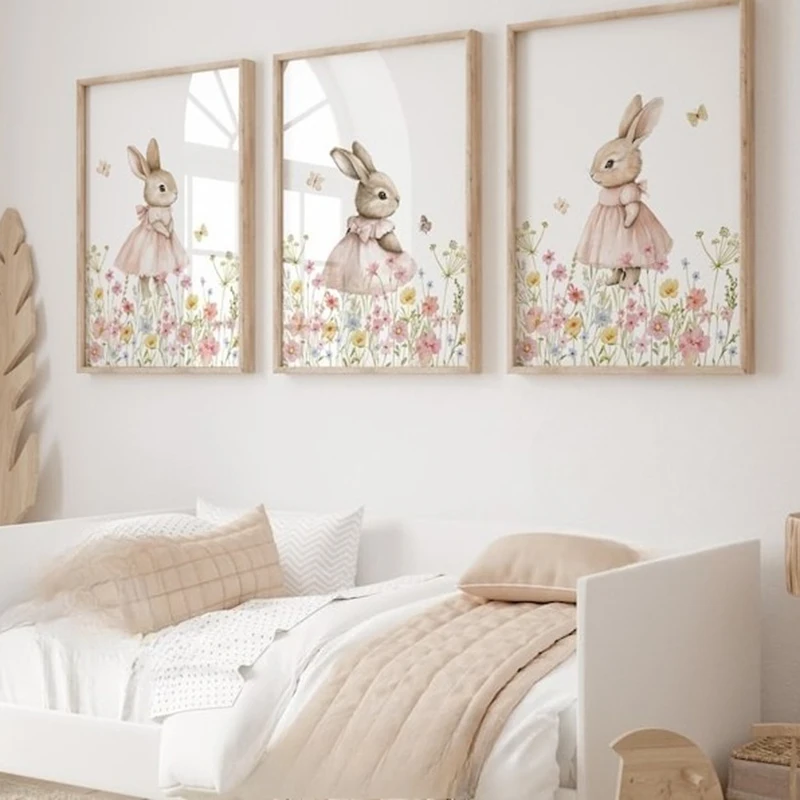 Impressions de lapin, art mural de pépinière de lapin floral, décor de pépinière de fleurs sauvages, impression de crèche de fille, impression de lapin de pâques de printemps