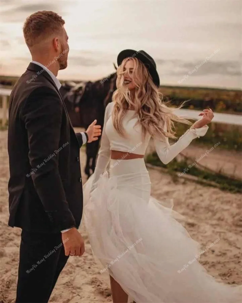 Abiti da sposa in jersey bohémien in due pezzi personalizzati maniche lunghe vita bassa con volant in tulle squisito abito da sposa casual