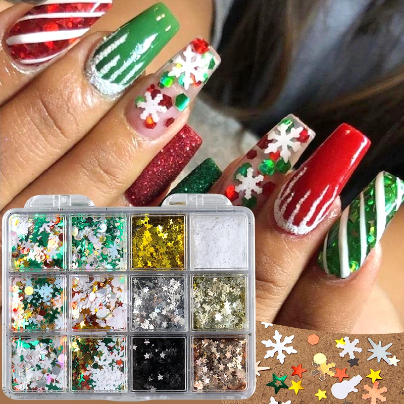 12 Grids Mixed Christmas Nail Sequins 3D Snowflakes Xmas Tree Star Y2K Flakes Round/Hexagon Laser Nail Glitter Winter Decoration