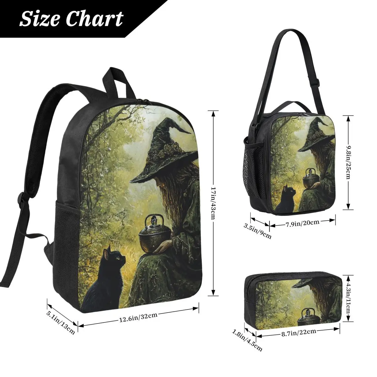 Enchanting Witch And Cat Fantasy Potion Backpack BookBag School Bag Laptop Shoulder Bags 3ps Insulated Lunch Bag Pencil Case