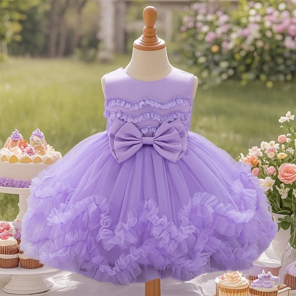 Young girl's versatile dress flower girl dress floral design sweet dress purple suitable for birthday parties birthday gift