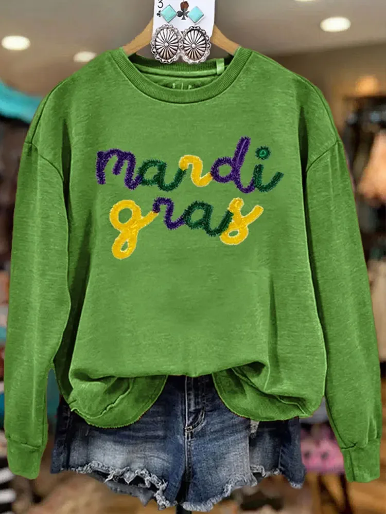 Mardi Gras Thread Embroidered Casual Sweatshirt  Green Long Sleeve Crew Neck Women Sweatshirts.