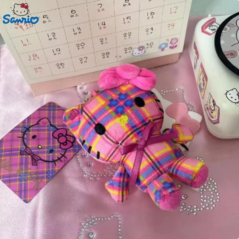 Sanrio Anime Hello Kitty 50th Anniversary Bag Retro Plaid Series Girls Kawaii Hello Kitty Doll Bag Pendant Cute Girly Heart