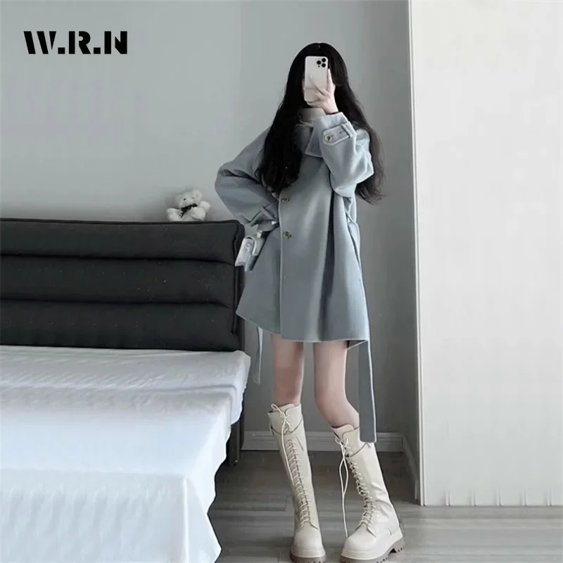 2024 Winter Chic Oversized Simple Style Wool Jacket Women's Sweet Outerwear Loose Solid Blends Turn Down Collar Warm Coat