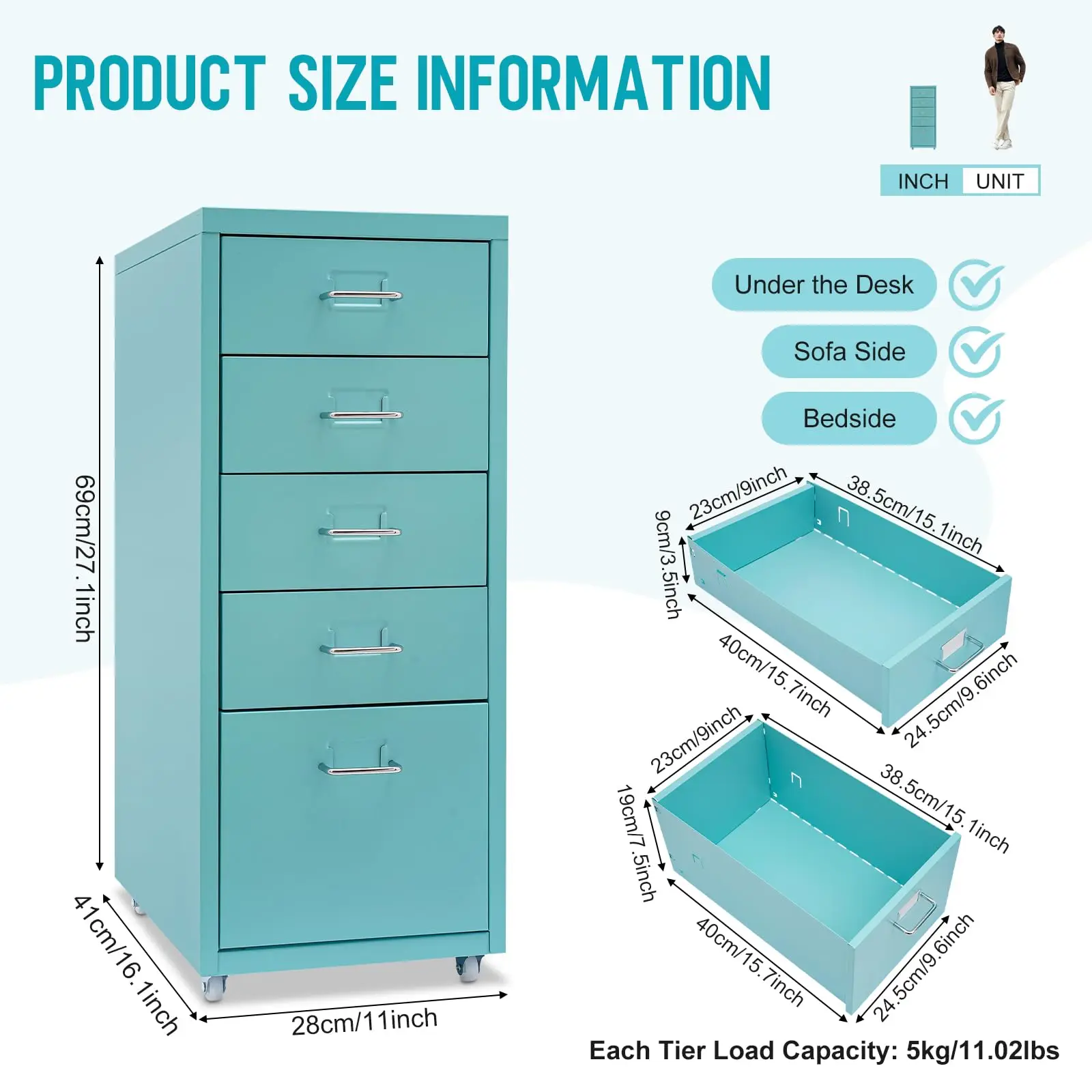 Metal File Storage Cabinet, 5 Drawer under Desk Filing Cabinets with Wheels, Mobile Home Office Furniture for A4 Legal/Letter Size