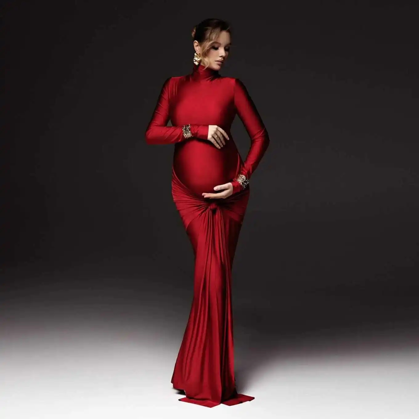 

Burgundy Pregnant Dress with Sleeves Stretchy Long Mermaid Maternity Dresses Dark Red Elegance Maternity Dress for Photoshoot