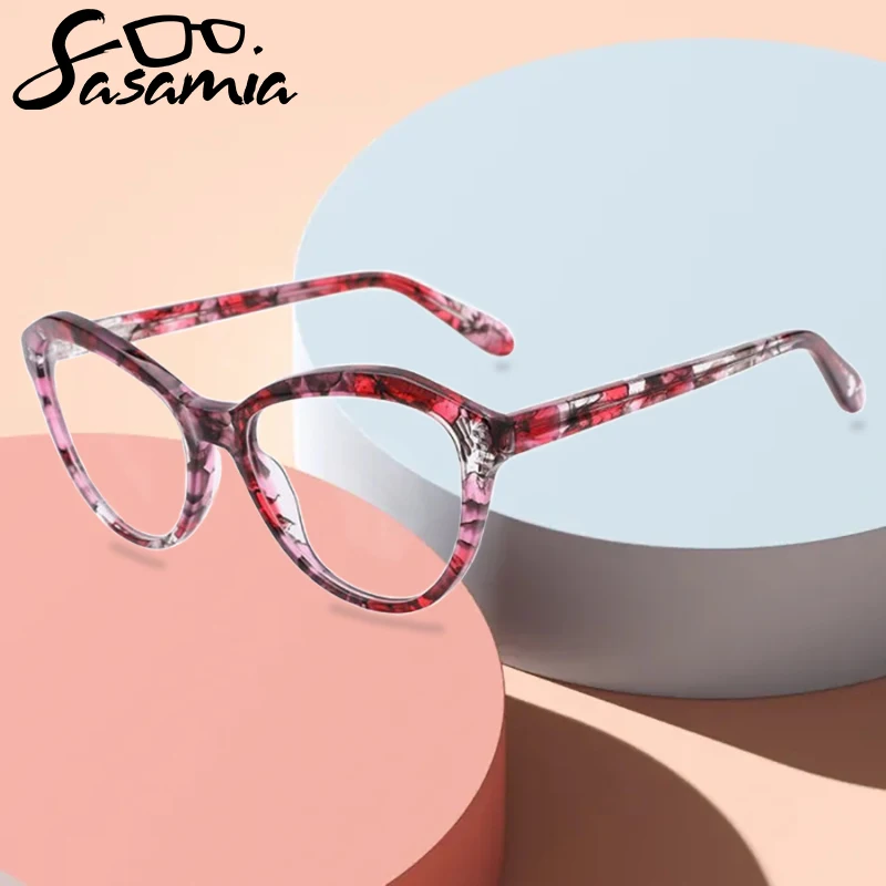 SASAMIA Floral Glasses for Woman Frames Transparent Lenses Cat Eye Eyeglasses Frame Glasses Optical Prescription Eyewear WD2138