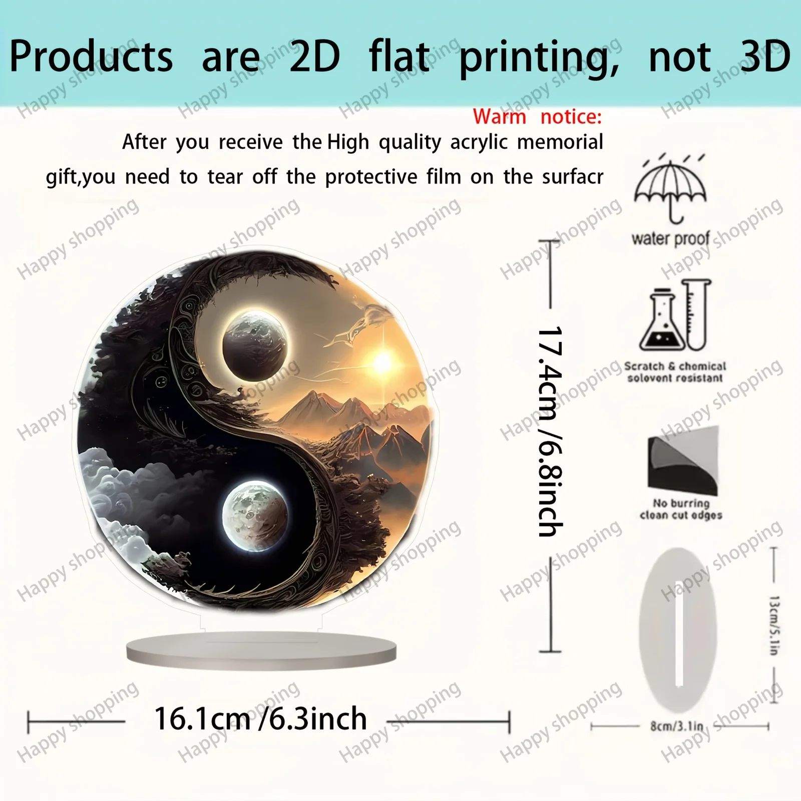 2D Flat, Bohemian Yin Yang Print - 2D Acrylic Tai Chi Symbol Suitable for Home, Office, Café Decor - Scratch & Corrosion Resista