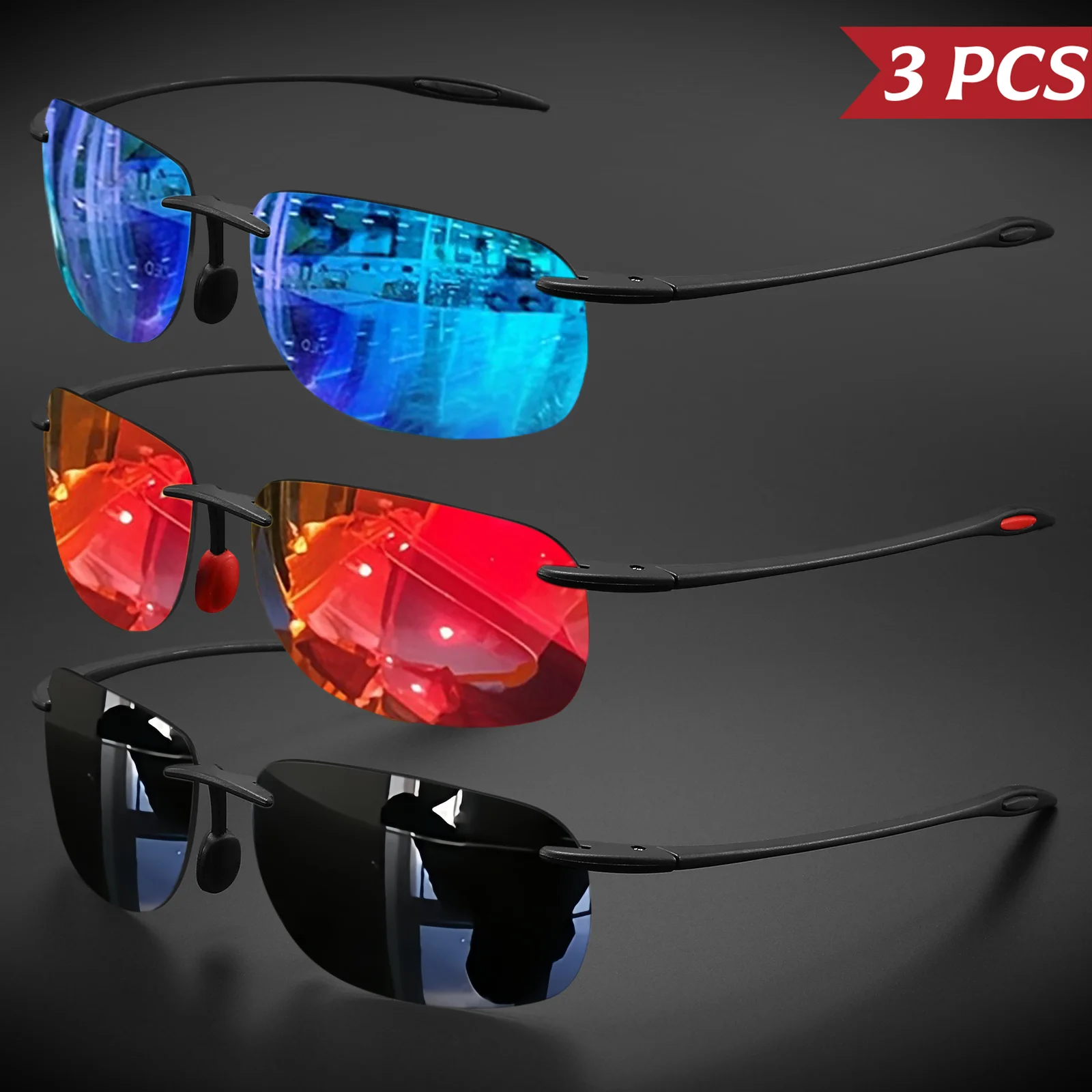 3 Stück ultraleichte 11 g TR90 rahmenlose polarisierte Sonnenbrille – flexibel und bequeme Passform, quadratische Form zum Fahren, Angeln, im Freien
