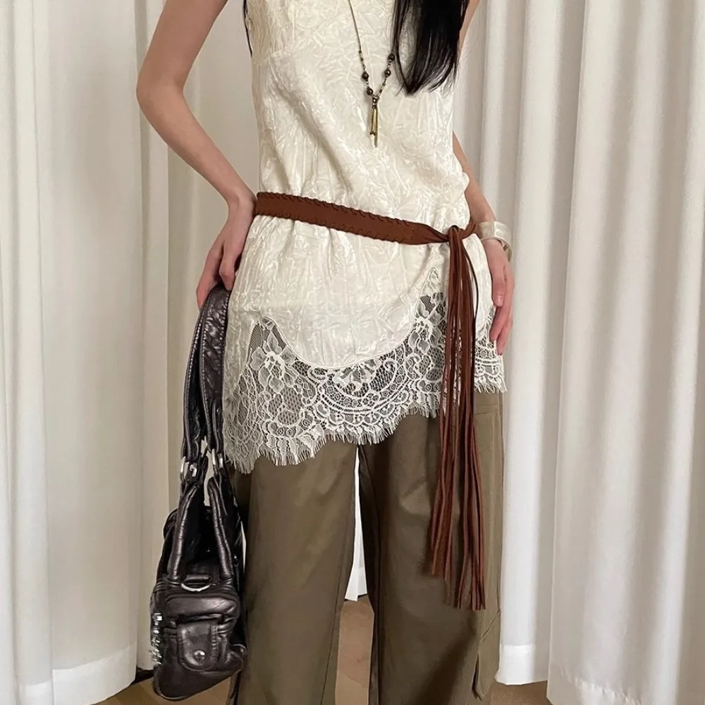 

Simple Y2k Ethnic Style Belt Thin PU Bohemian Waist Rope Jeans Decor Waist Chain Tassels Waistband Ladies