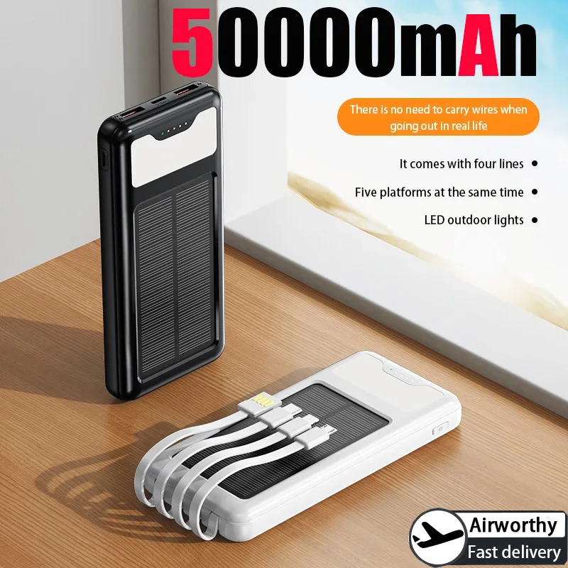 

50000mAh Solar Power Bank 120W Super Fast Charging Battery High Capacity With 4wires Power Bank For iPhone Samsung Xiaomi