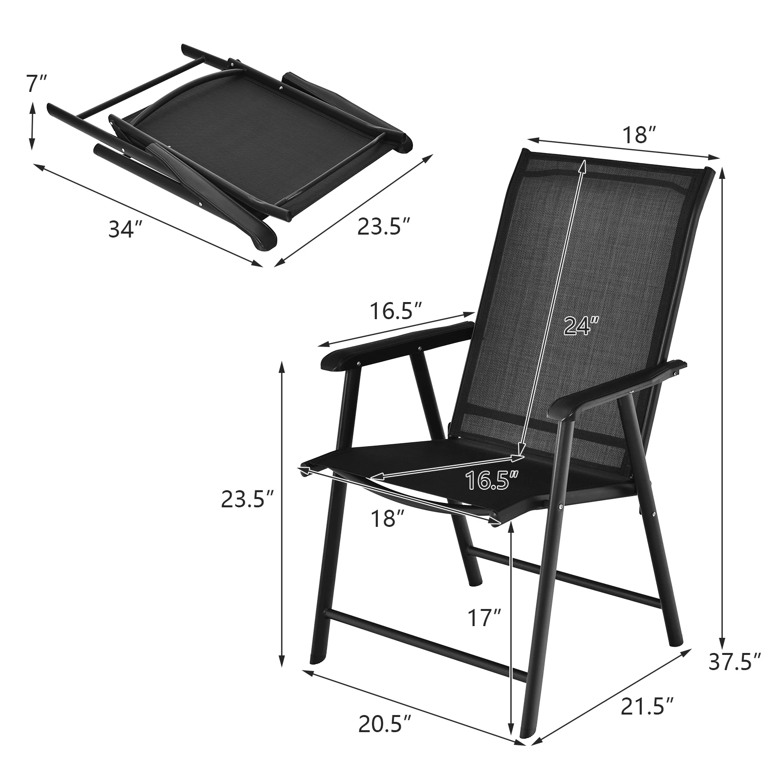 2PCS Patio Folding Dining Chairs Portable Camping Armrest Garden Black