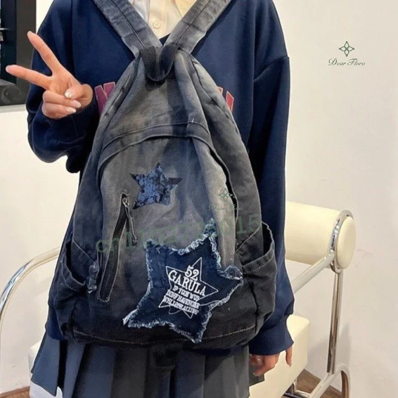 Hot Sale Y2K Korean Casual Denim Backpack Fashion Star Pattern Large Capacity Student Schoolbag Teenagers Vintage Punk Travel