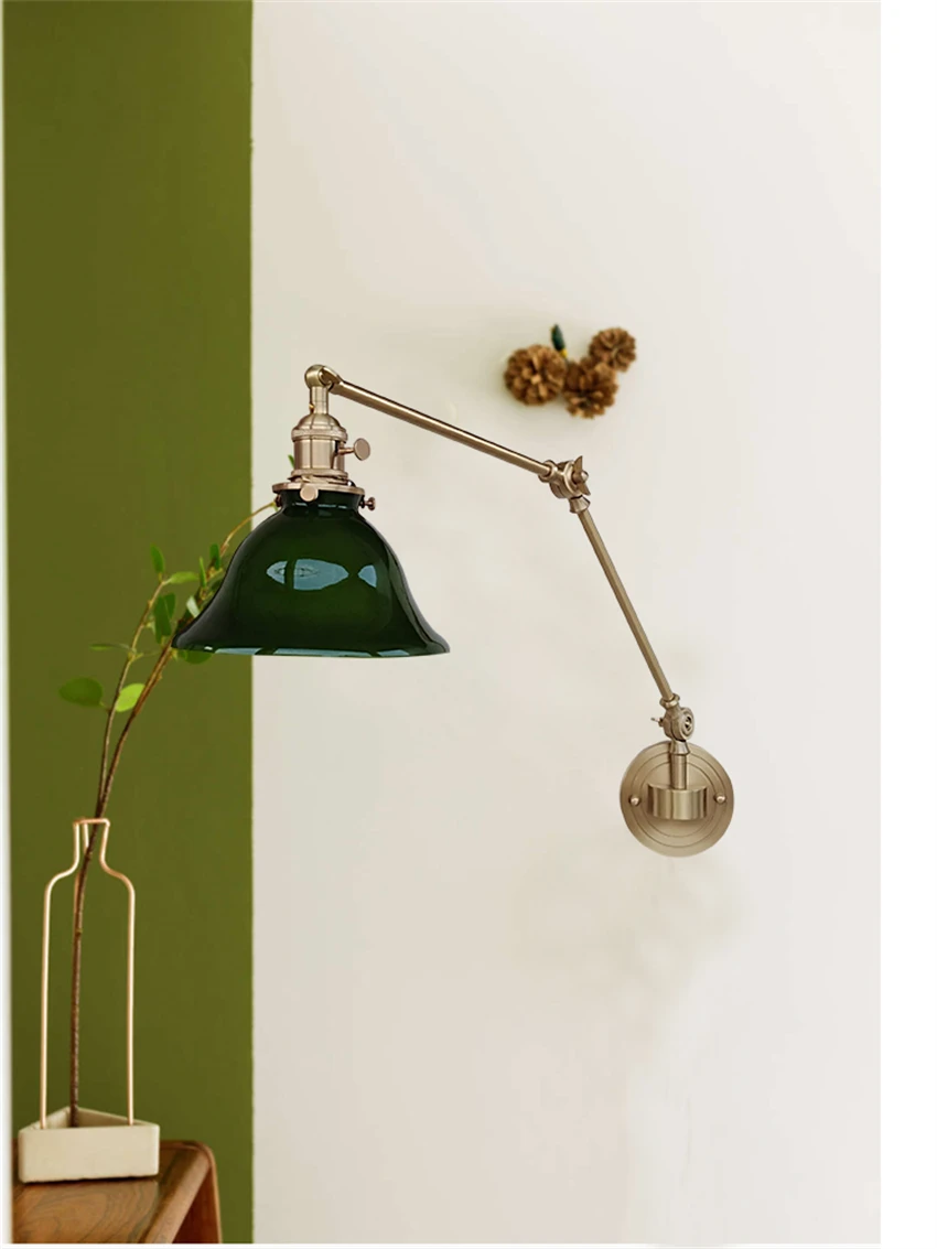 Full brass green glass Japanese wall lamps retro rocker arm foldable telescopic living room study bedside reading sconces lights