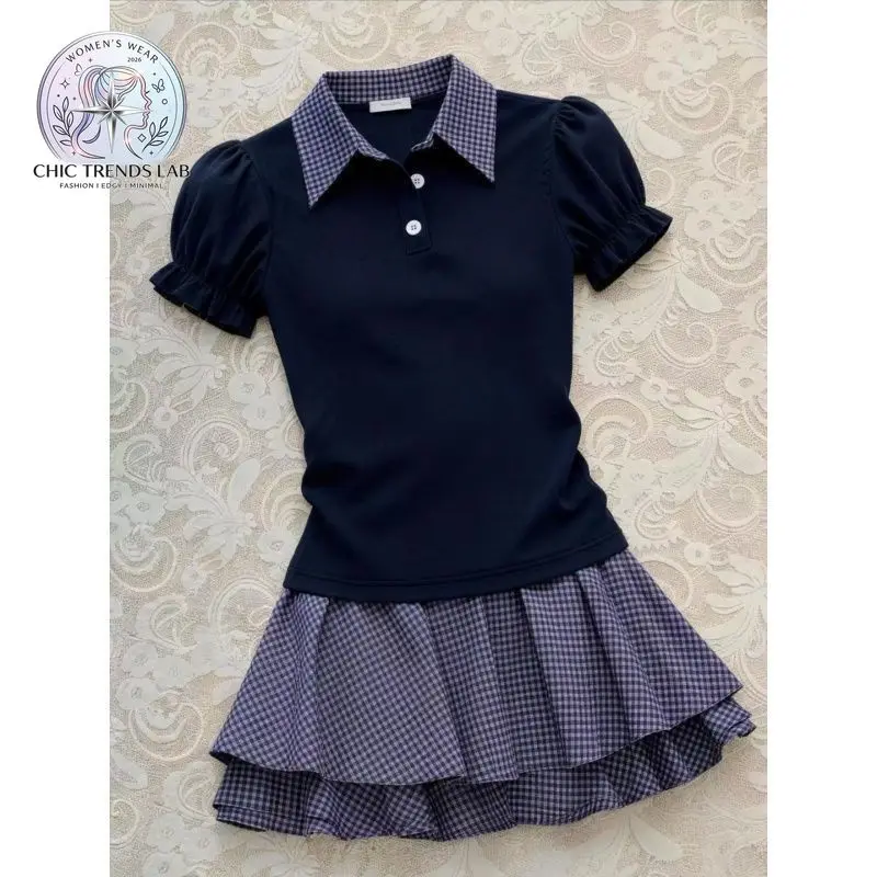 Y2K Plaid Collar Polo Shirt Women Navy Blue Puff Sleeve Ruffle Slim Fit Short Sleeve Tops Preppy Style Coquette Summer Tees
