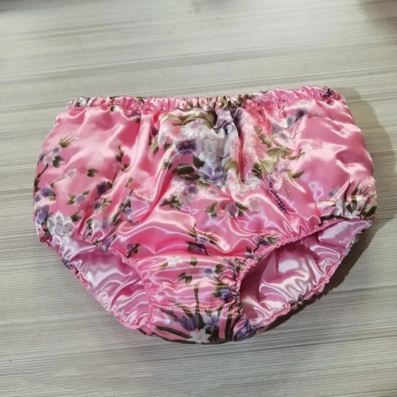 Women's Handmade Pink Satin Glossy Cotton Briefs Sissy Floral Print Filled Cotton Puffy Warm Panties Party Sexy Costume Panty