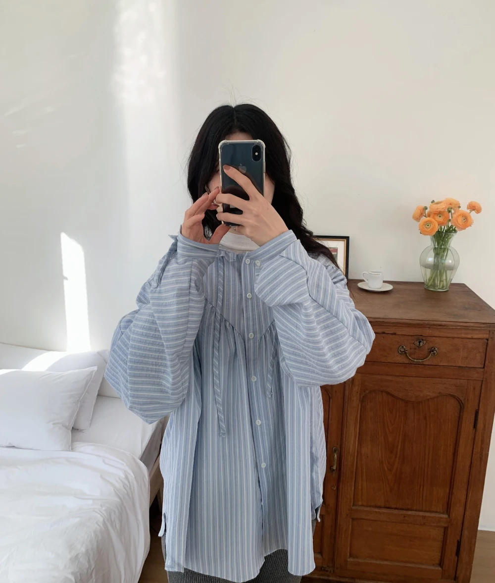 

Korean style Lace Collar Striped Hooded Shirt - Loose Fit UPF Sun Protection Top