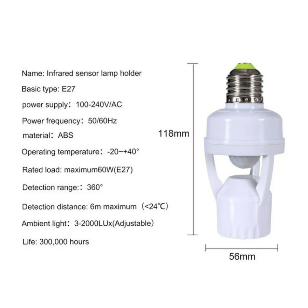 HHLZYH E27 PIR indukcja człowieka czujnik ruchu LED lampka nocna podstawa gniazda AC 110V-220V czas opóźnienia regulowany przełącznik 360 stopni