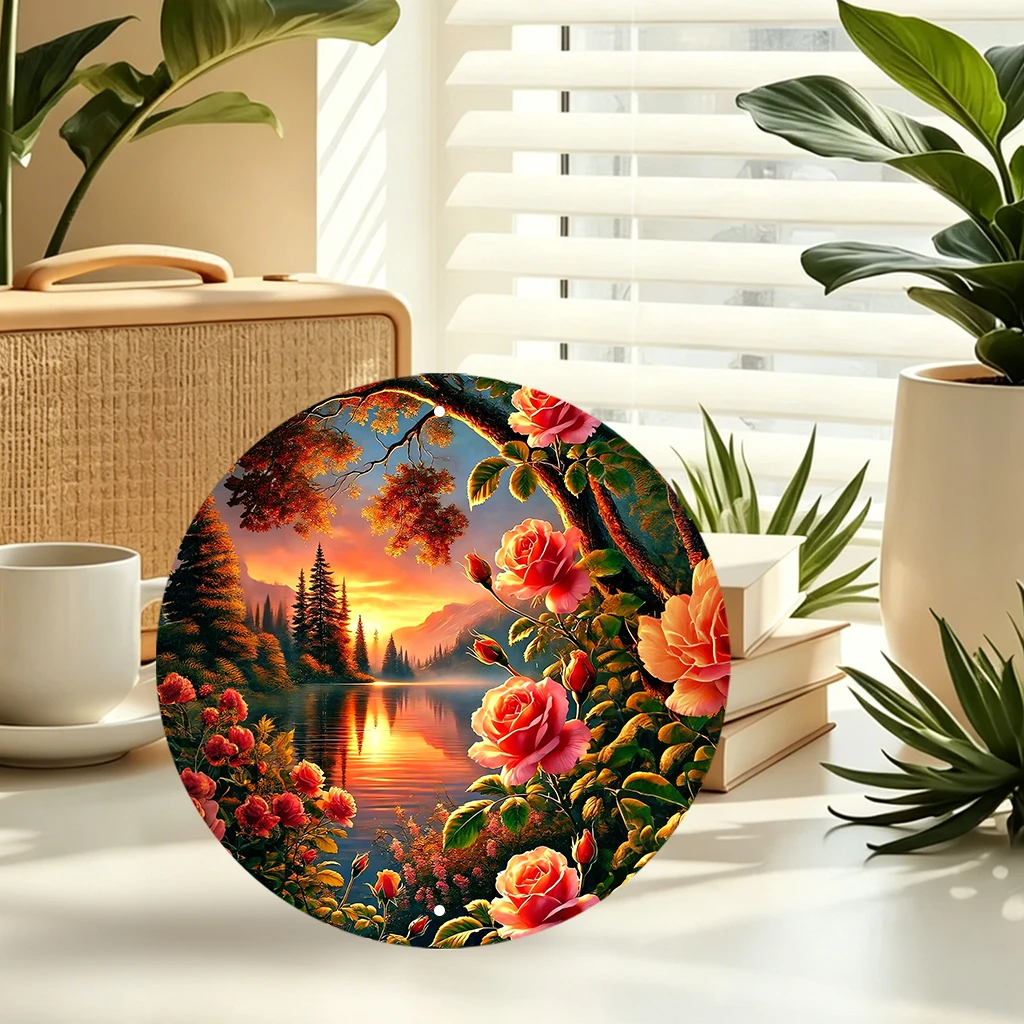 JIT 1-pc Orange sunset mountain red rose landscape print round metal tin sign wall decor, lightweight & smooth surface, this artistic metal tin sign fits bedroom, entryway and garden for multi-space wall decoration, ideal decorative gift for home lovers view 8