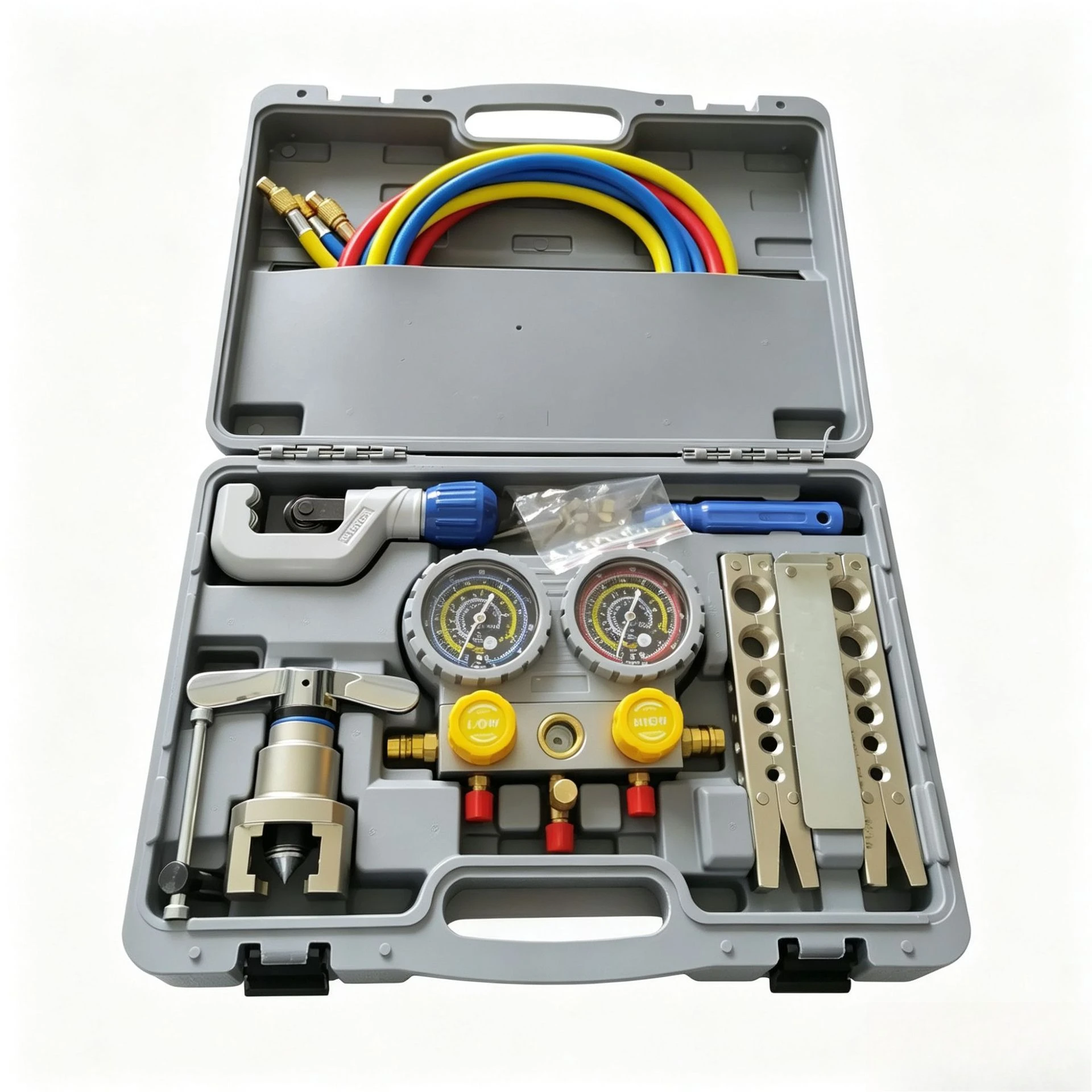 Gray plastic box | Double meter manifold refrigerant meter + eccentric flare + copper pipe cutter + multi-specification