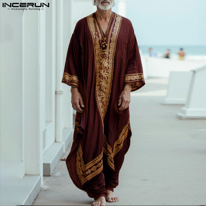 INCERUN Men Jubba Thobe Printing Patchwork V Neck Long Sleeve Male Robes Muslim Kaftan Loose 2025 Arab Casual Men Caftan Abaya
