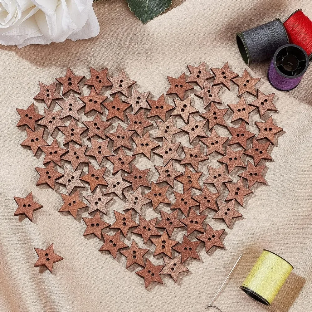 1 Box 100Pcs Wooden Stars Buttons with 2 Holes Vintage Small Sewing Scrapbooking Craft Button Christmas Decoration