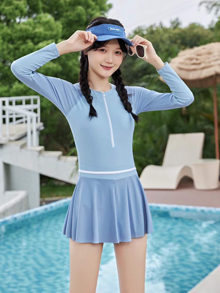 女の子用水着-ワンピース-スカートスタイル-フラットシューズ-速乾性-日焼け防止-長袖-子供用水着-女の子用