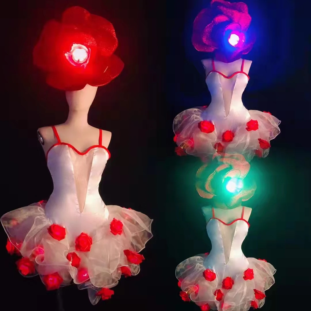 Sexy Stage Wear Bar Performance Dance Costume Luminous LED Rose Flower Big Headgear White Gauze Floral Dress Valentine's Day