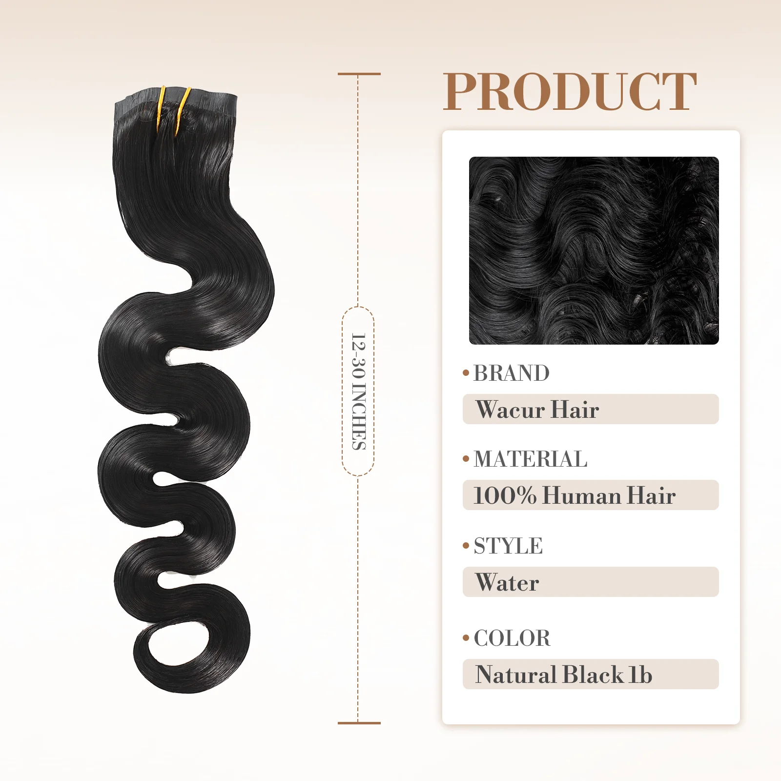 وصلات شعر بمشبك مموج للجسم، شعر بشري 100% # 1B لون أسود طبيعي 110 جرام/مجموعة 6 قطع شعر عذراء غير مرئي من البولي يوريثان