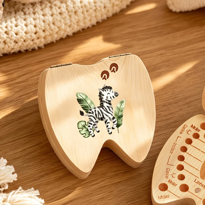 1PCS 2D Wooden Tooth Keepsake Box Forest Animals Footprints Pattern Secure Memory Chest Storage Teeth Fetal Hair Birthday Hallow
