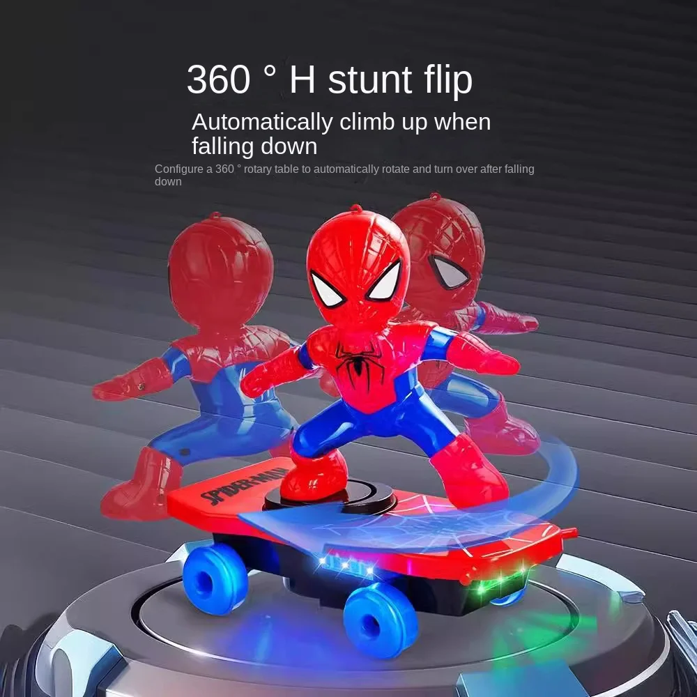 Spiderman Automatic Flip Rotation Skateboard Car Toy Acousto-Optic Car Ultraman Electric Music Toy Stunt Scooters Birthday Gifts