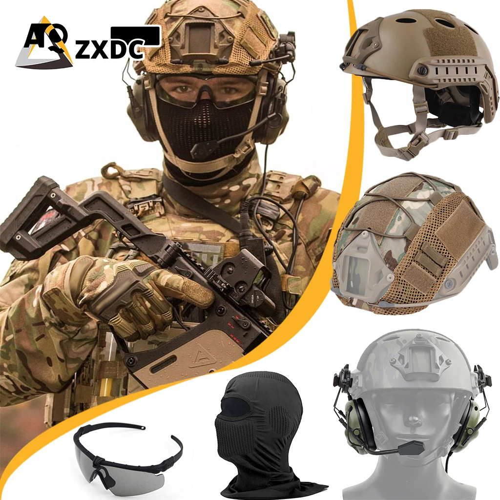 

Airsoft tactical helmet with Breathable full face mask, Multicam camo helmet cover, Communication headphones, 5Pcs Set...