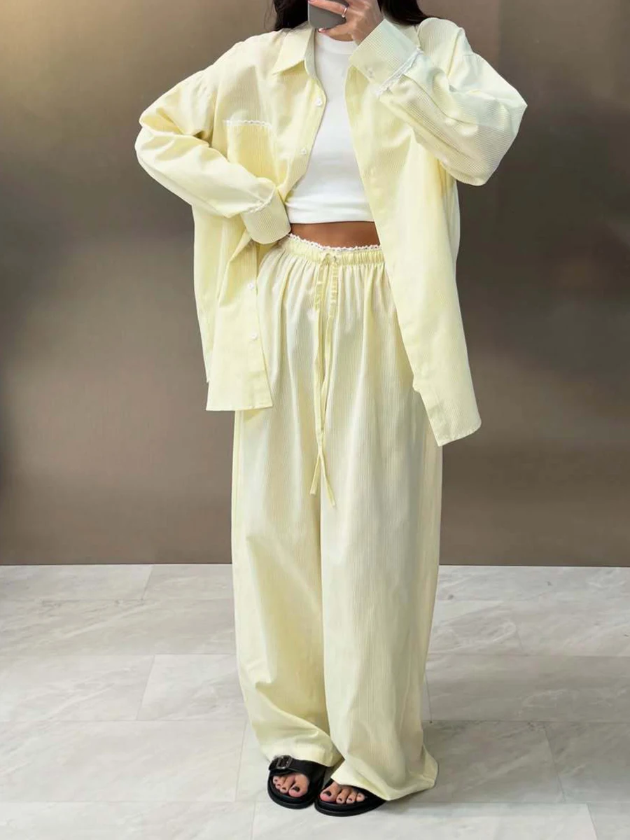 

Lace Trim Striped Wide Leg Pants Sets Women Long Sleeve Pocket Loose Blouse Simple Casual Fashion Drawstring Trouser 2 Piece Set