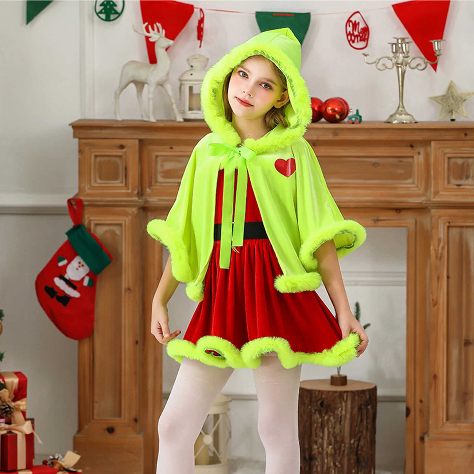 

Girls' Christmas Hooded Cloak Adorable Festive Party Cape Trendy Baby Shawl with Tie Closure