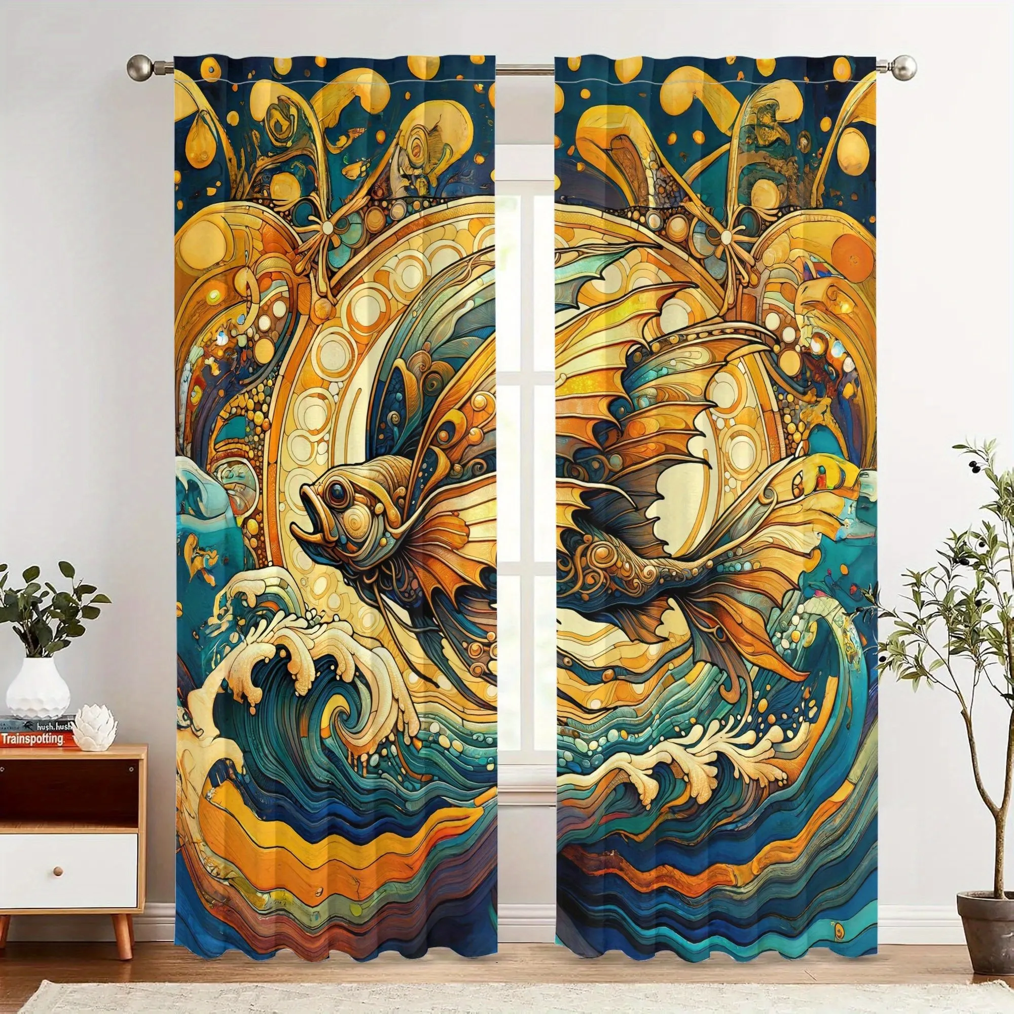curtainBIIHUDU Flying Fish Curtains - Light Blocking Window Drapes with Ocean Wave & Golden Accents, Retro Coastal Living Room C